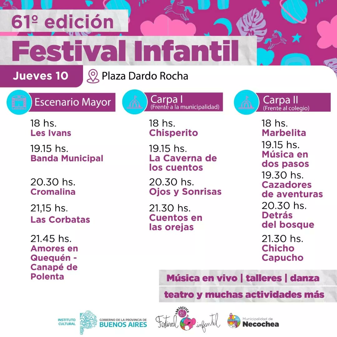lriesgo's tweet photo. ✨ Acompañamos la 61° Edición del Festival Infantil de Necochea

🎨Talleres
🎵Música en vivo
💃🏽Danza
🎭Teatro 
🎉Actividades recreativas

📌 Plaza Dardo Rocha
⏱️ Desde las 18 hs.

🌈 ¡Vení a disfrutar! 🌈 https://t.co/qh9YLAX8eg
