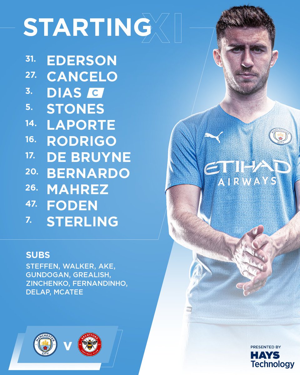 ManCity's tweet photo. 📋 TEAM NEWS IS IN! 📋 

XI | Ederson, Cancelo, Dias (C), Stones, Laporte, Rodrigo, De Bruyne, Bernardo, Mahrez, Foden, Sterling

SUBS | Steffen, Walker, Ake, Gundogan, Grealish, Zinchenko, Fernandinho, Delap, McAtee

#ManCity | @HaysTechnology https://t.co/6FzoW83pEc