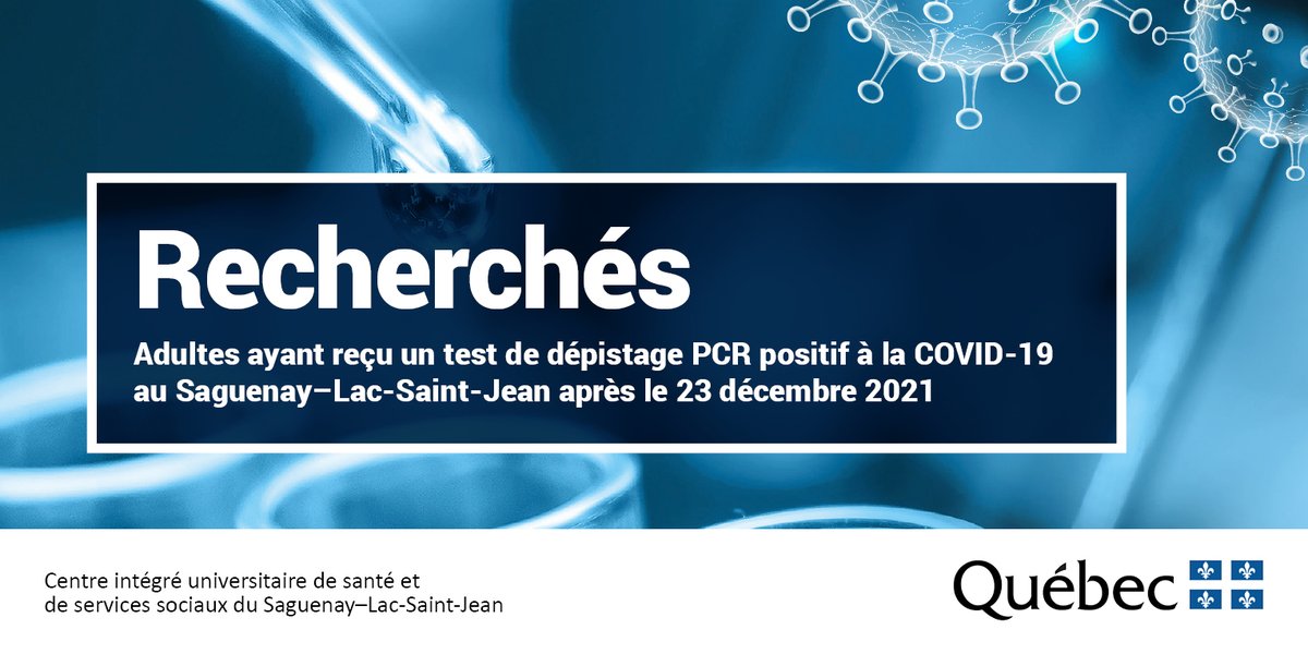 L'accès à des échantillons est primordial pour la recherche. 🧪

Vous êtes un adulte qui a reçu un test PCR positif pour la COVID-19 après le 23 décembre 2021? La Biobanque québécoise de la #COVID19 a besoin de vous! 

Pour participer, téléphonez au 418 541-1000, poste 4908.
