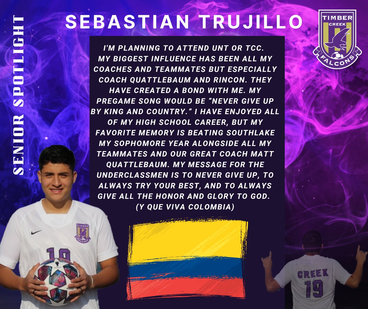 It's Gameday for our Falcons and tonight's Senior Spotlight is Sebastian Trujillo. He moved here from Colombia and brought with him maturity, and great work ethic. He is also above all else a man of faith and proud of it. Let's Go Falcons!