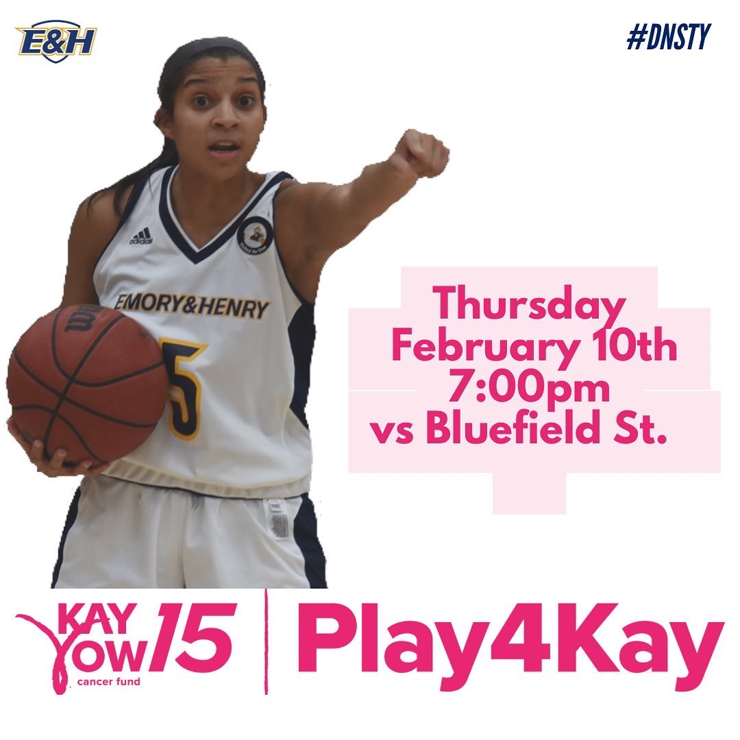 EmoryHenry_WBB's tweet photo. Be there or be ⬜️ tomorrow @ 7:00pm in the King Center!!
•
Our #play4kay game will feature a $1 entry to a Half-Court shot competition, raffle entry’s for prizes &amp; all proceeds will go to the #kayyowcancerfund 
See everyone there!💗🏀🐝🤩 #gowasps #ehcwbb #kayyow #dnsty https://t.co/5PniWEGSdg