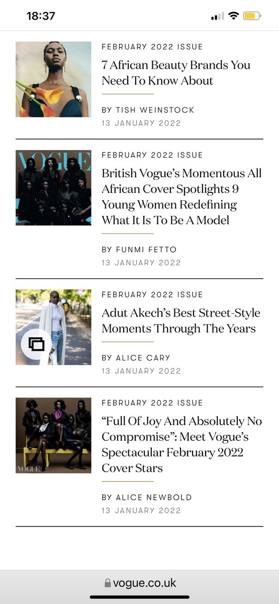 Lettybird's tweet photo. @Crabcountess @voguemagazine I recommend British Vogue, which as well as this glorious February cover, had all these articles celebrating black fashion in one edition. Edward Enninful is the future of Vogue. https://t.co/c79vUkgSYi