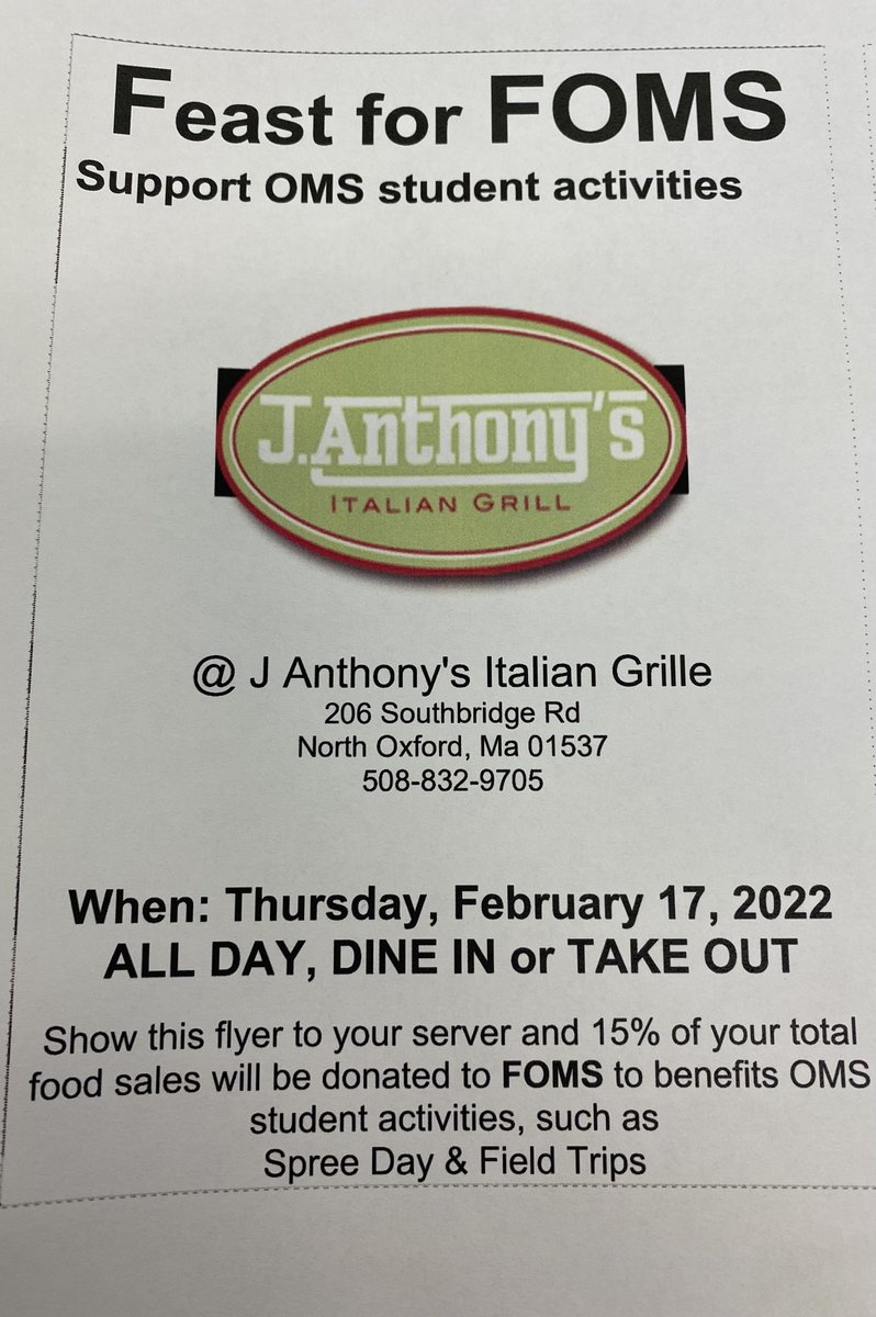 Oxford_Middle's tweet photo. Our parent group, FOMS, is hosting a fundraiser at J. Anthony's Italian Grill on February 17th.  Show the flyer below (dine in or take out) and 15% of the sales will go towards FOMS for various school activities! https://t.co/Y50b8O3Xkr