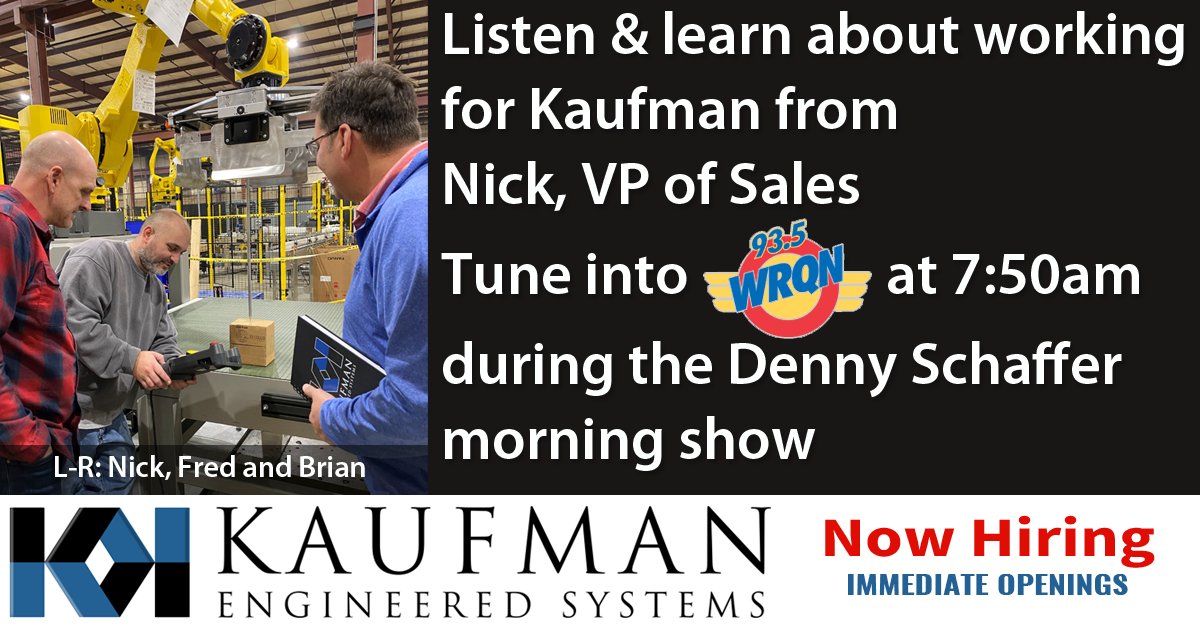 KaufmanSystems's tweet photo. Tune in tomorrow to 93.5 WRQN at 7:50am!! Denny will have Nick Kaufman live on the air talking about our growth &amp; need to add more staff! #comejoinourteam @WRQN https://t.co/xZ2z94bA6v