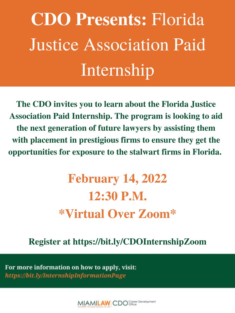 MiamiLawCDO's tweet photo. The CDO invites you to learn about the @floridajustice Paid Internship Program. Join us on February 14 at 12:30 via Zoom.

Please register at https://t.co/bTl0mGWKB0 
To learn more about the FJA please see https://t.co/rOI0WFCwd7 .
 
Questions: Email cdo@law.miami.edu https://t.co/oAT36kem3A