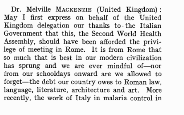 ThiruGeneva's tweet photo. #WHA2 (1949) The United Kingdom waxes lyrical about the glory of Rome and "Roman law, language, literature, architecture and art" as well as Italian malaria control efforts. https://t.co/ztnLF18q2C
