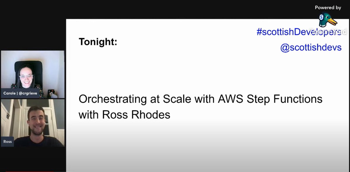 scottishdevs's tweet image. Hello from #scottishDevelopers 🏴󠁧󠁢󠁳󠁣󠁴󠁿👋

We&apos;ve started our meetup tonight with @trrhodes letting us know more about AWS Step Functions!