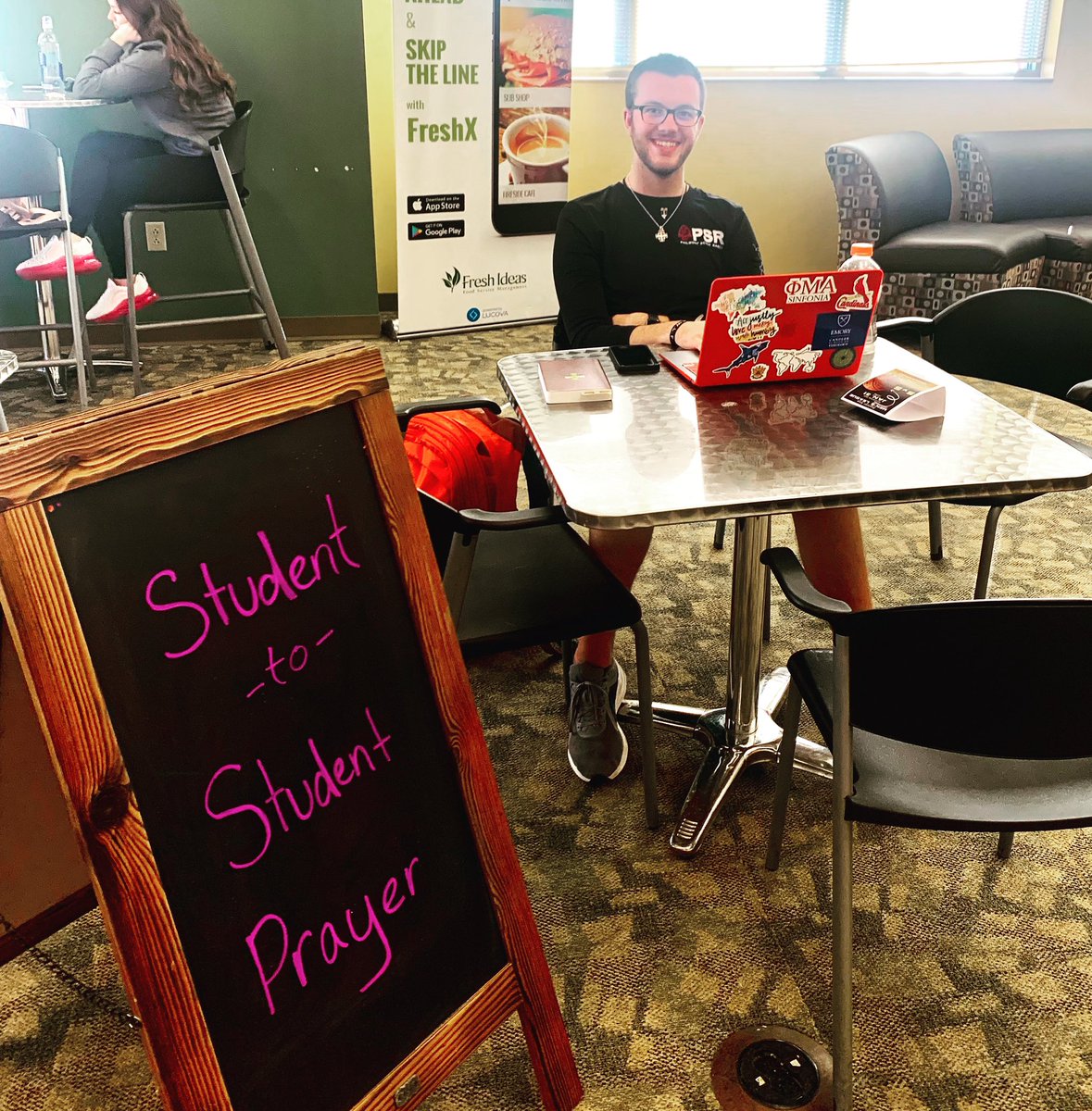 CMU_CFS's tweet photo. Wesley and Chaplain Kayla are in the CMU Eyrie today until 1:30pm for Student-to-Student Prayer! 
You can also email prayer requests to cfs@centralmethodist.edu 
•
Student-to-Student prayer will be available in the Eyrie Cafe 12:30-1:30pm on Mondays and Wednesdays this semester! https://t.co/wPu0C5QogG