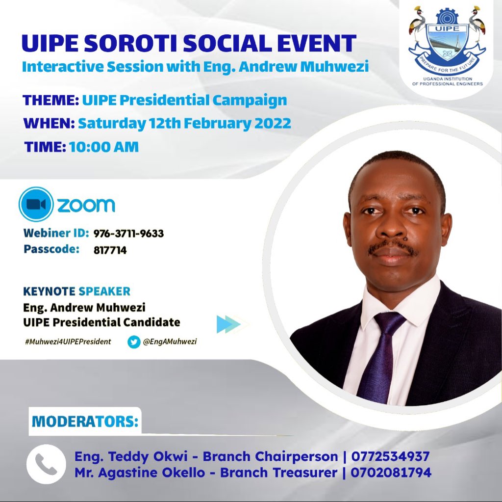 #Muhwezi4UIPEPresident. Saturday,12th February 2022, I will be in UIPE Soroti Branch covering the greater Teso Sub-Region to consult with the electorate <a href="/ERBUganda/">Engineers Registration Board - Uganda</a>;<a href="/UIPE_Uganda/">UIPE</a>;<a href="/jamesmaiteki/">Eng James M. Maiteki</a>;@Munyakanungu; <a href="/KennethMuniina/">Eng Dr Kenneth Muniina</a>;@Engineering Fraternity