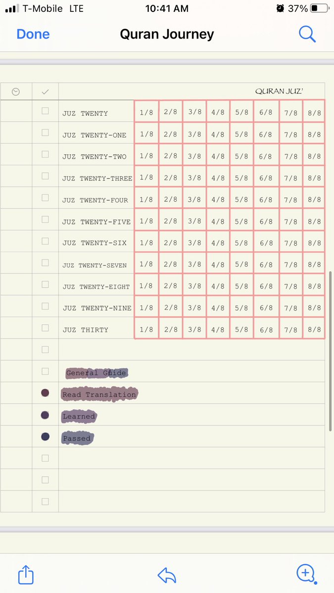 Messysxx's tweet photo. Lil sis made a nice little Quran log that divides your reading for each Juz into 8 quarters for easy virtualization of your progress. Love it and thought I’d share https://t.co/1HyjjjO30G