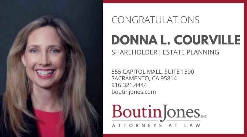 Congratulations to <a href="/courvilledonna/">Donna Courville</a>, who was recently named a shareholder at <a href="/BoutinJones/">Boutin Jones</a>. Donna is an #estateplanningattorney &amp; volunteer w/groups such as Meristem, <a href="/sacregcf/">Sacramento Region Community Foundation</a>, and <a href="/tweetsforpride/">PRIDE Industries</a> &amp; the Michael Ziegler Foundation. She's a proud grad of <a href="/texastech/">Texas Tech University</a> and <a href="/TTU_Law/">Texas Tech Law</a>.