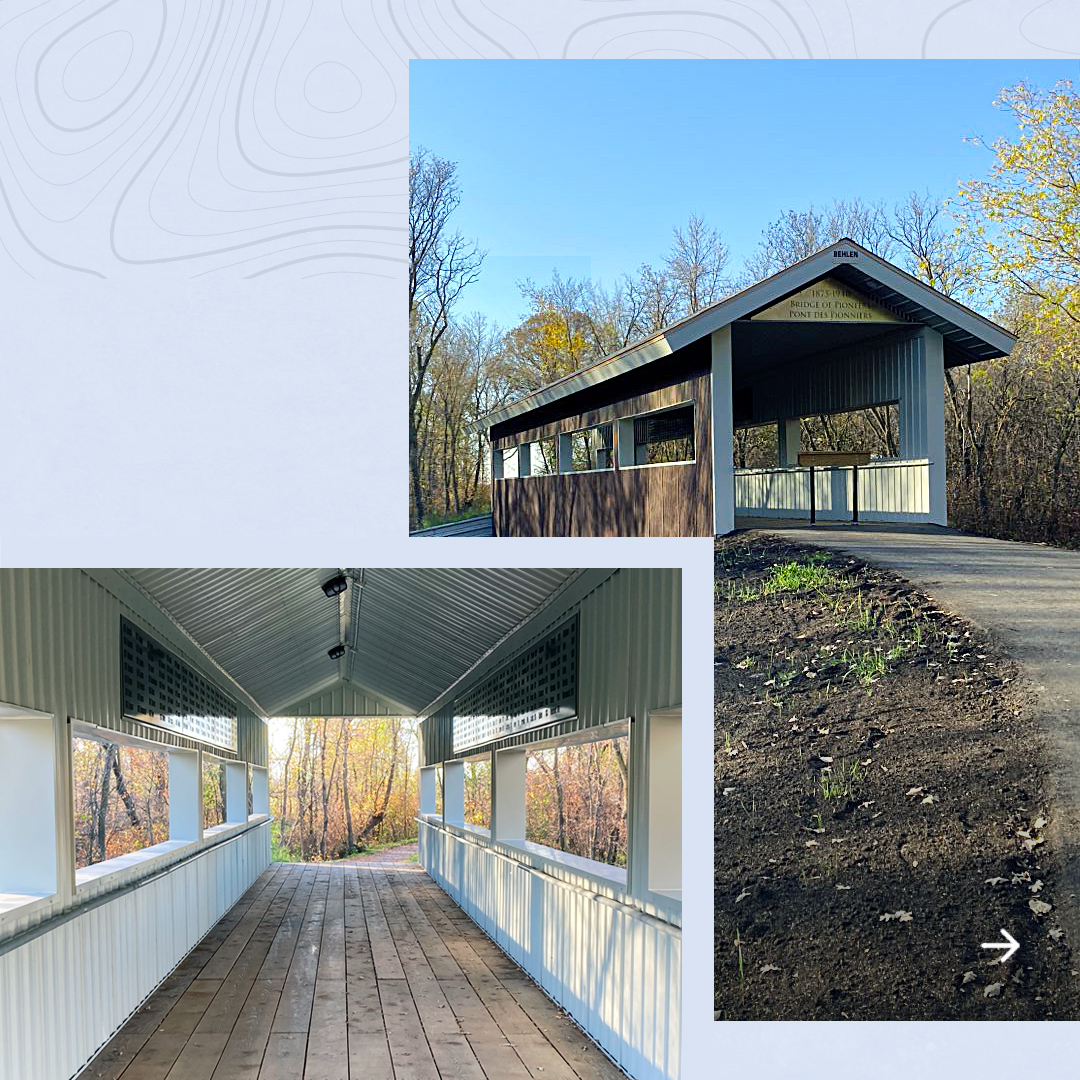 This covered pedestrian bridge expands the trail system in La Broquerie, MB, and honors the Pioneers of the municipality. We are so proud of this WGI cross-division partnership with <a href="/BEHLEN_IND/">BEHLEN Steel Buildings</a>, <a href="/WestmanSteel/">Westman Steel</a>, @MeridianWinkler, and @Artspaninc.