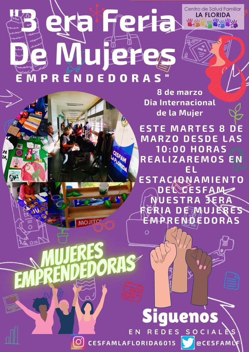 CesfamLF's tweet photo. Se viene nuestra #3eraferiademujeresemprendedoras a realizar el 8 de marzo en nuestro https://t.co/ZIkrOw2FQt tienes algún emprendimiento te invitamos a participar 😉#8demarzodiainternacionaldelamujer #emprendedoras @minsaludchile @munilaflorida_ @Hosp_EloisaDiaz https://t.co/S2gbmFZooU