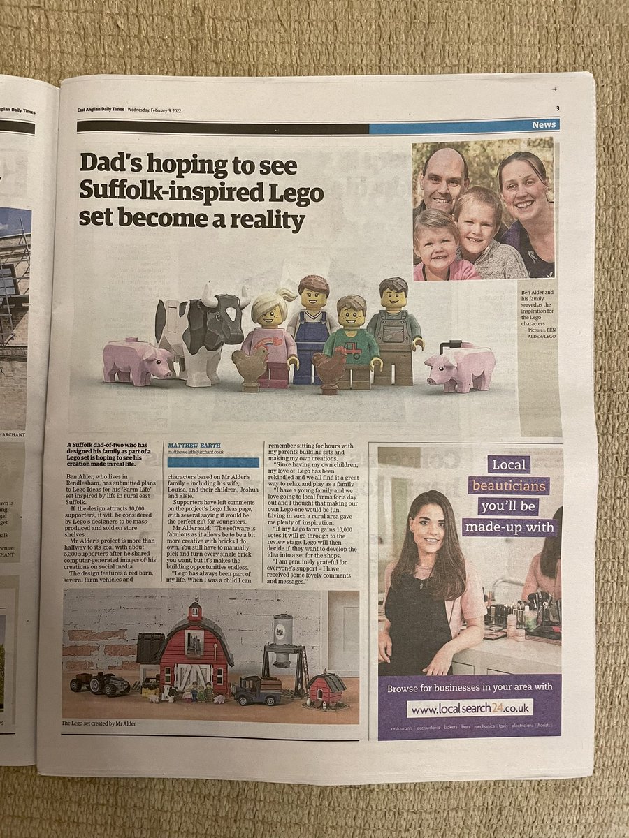 BenAlder's tweet photo. Very excited to have had the local paper contact me about my Lego Ideas farm
Any votes for it to help it reach 10k would be amazing ➡️ https://t.co/ubb2dgtHJY
Thank you
#legoideas #lego #legofarm #eadt https://t.co/VCFILJsJn5