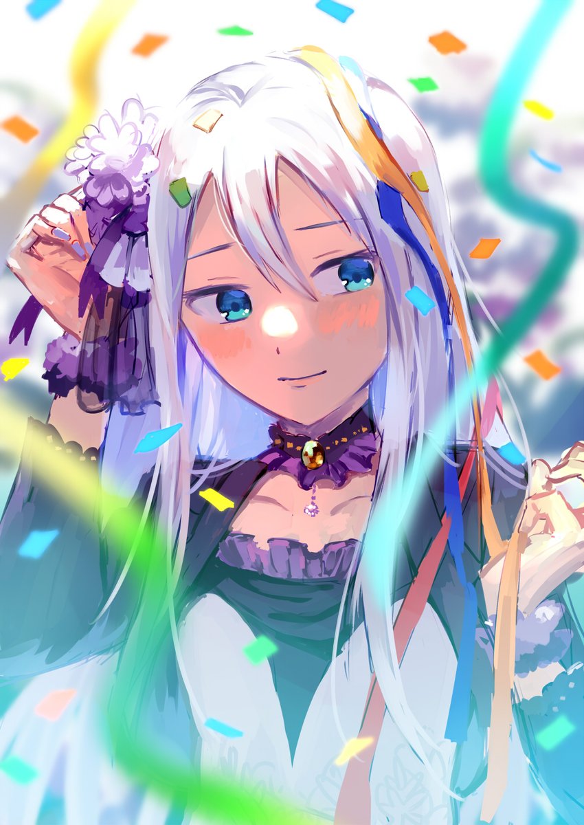 1girl solo confetti long hair flower blue eyes blurry  illustration images