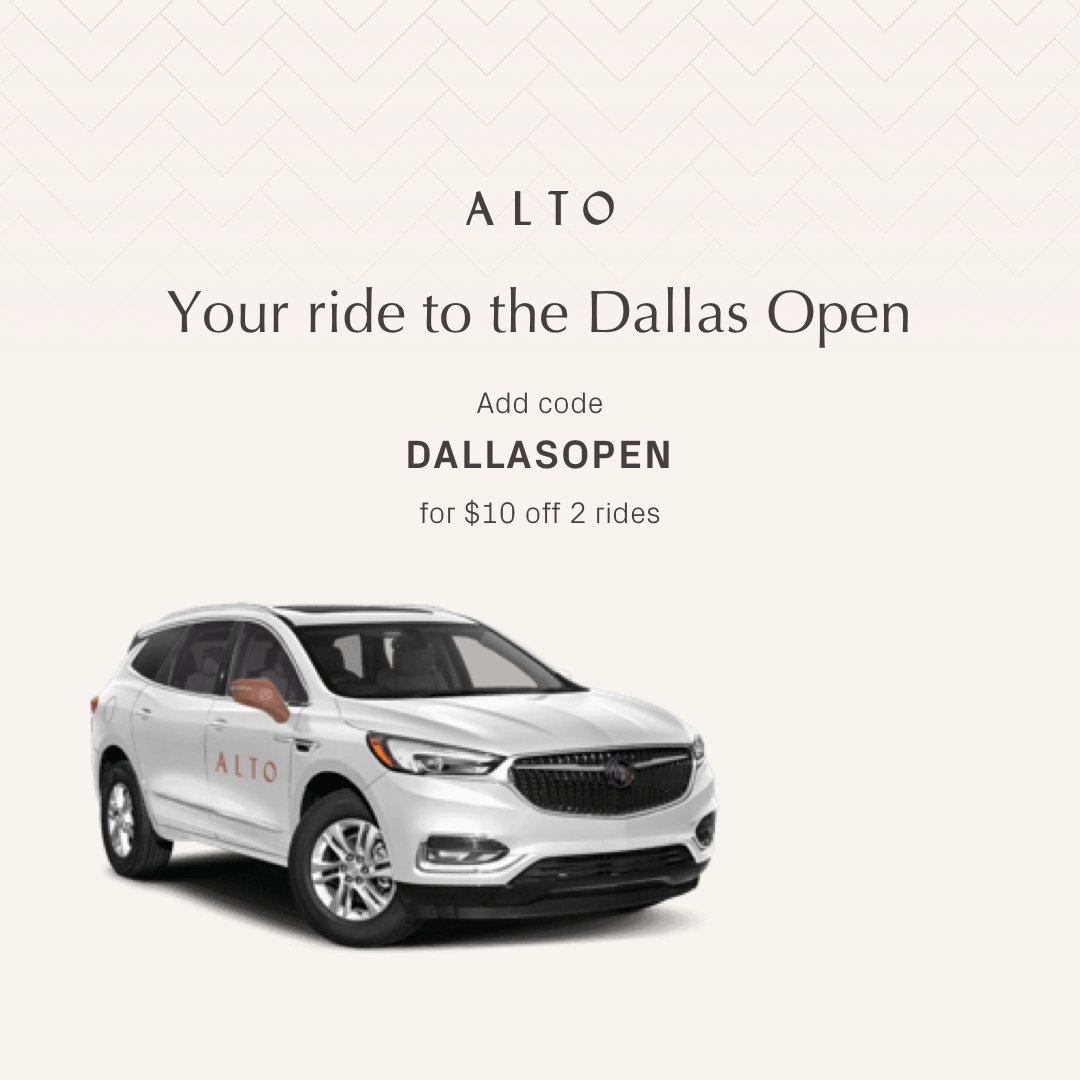 NexoDallasOpen's tweet photo. Heading our way? Take @ridealto and enjoy $10 off two rides using code: DALLASOPEN. ⁠

📲 https://t.co/HnYDUOyzEj
⁠
#DALOpen| #ridealto https://t.co/64PDHEnLkW