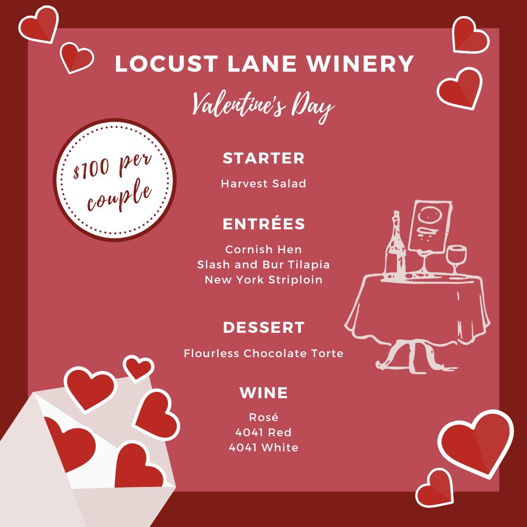 Looking for a treat this Valentine’s Day weekend?🌹 
For $100 per couple, enjoy our gourmet 3 course meal which includes your choice of entrée and a glass of Rosé, 4041 Red or White! Stop by Friday &amp; Saturday 12-6pm &amp; Sunday 12-3pm. See you then!
#LocustLane #VQA  #ValentinesDay