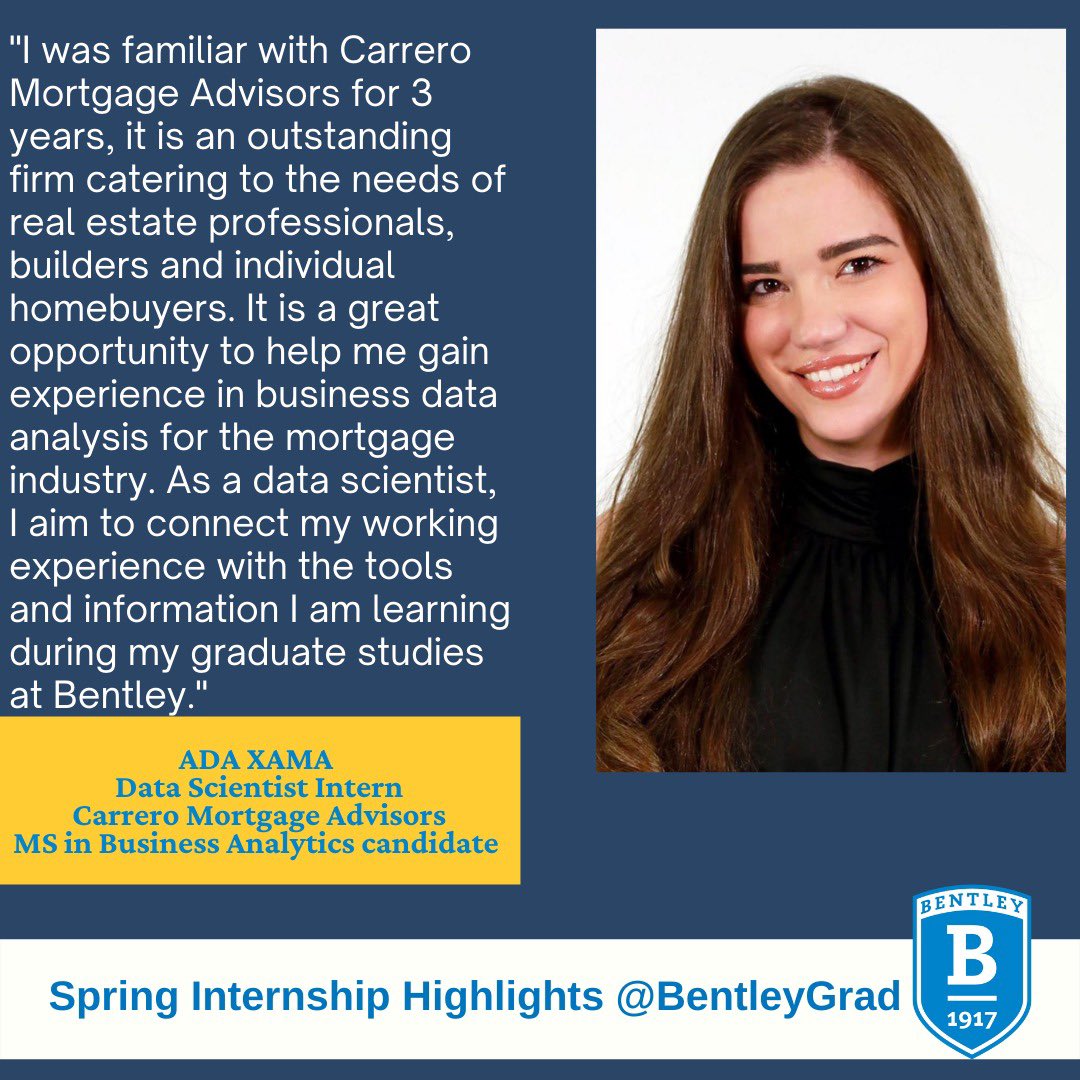 bentleygrad's tweet image. This week on our Spring Internship Highlights, we would like to congratulate Graduate Student Ambassador Ada Xama on her success in securing an internship in the area of her choice! Here is her internship story.
#womeninstem 
#SuccessStory 
#springinternship 
#DataAnalytics