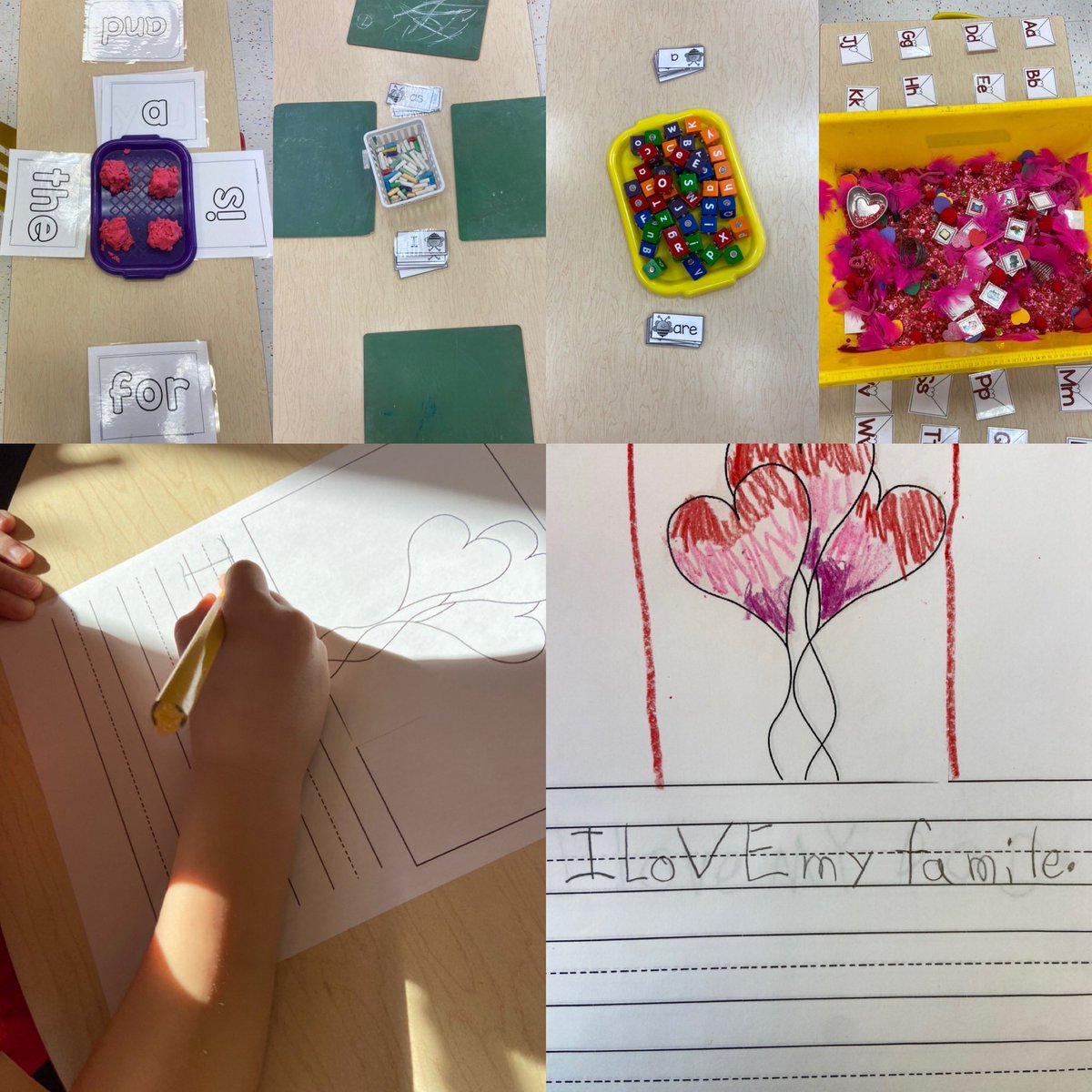 JulieCa0428's tweet photo. Today’s sight word table rotation activities. Playdough, chalkboard writing, connecting blocks, beginning sounds bin and sentence writing with the teacher. #sightwords #beginningsounds #writing #stretchingwords https://t.co/uG5bZ7bshR