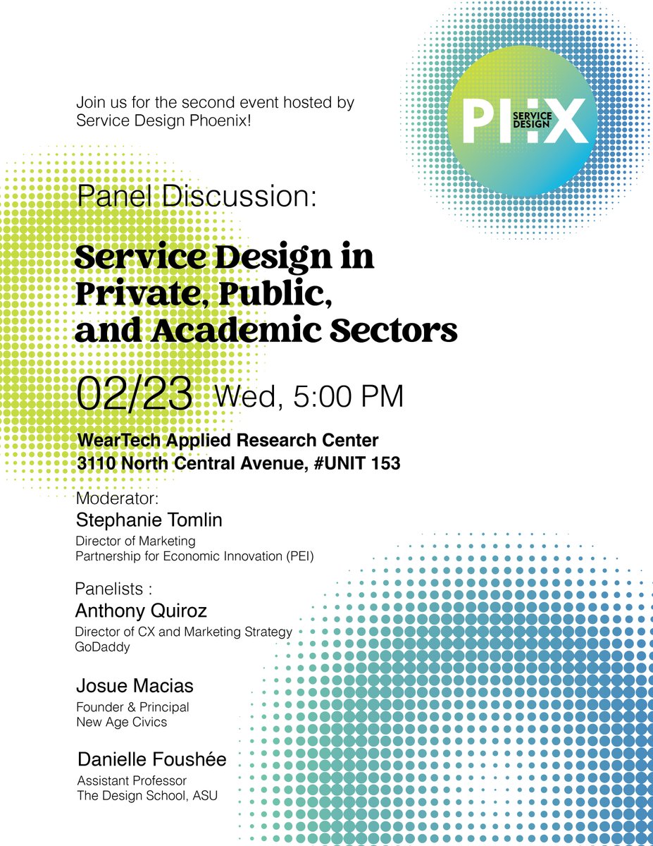 mejiando's tweet photo. Join us for the second (in-person) event hosted by Service Design Phoenix!

Service Design in Private, Public, and Academic Sectors.
Feb 23, 5 pm.

Moderator
@stephanietomlin, @PEIphx 
Panelists
@TQ_AZ, @GoDaddy 
@josuemacias, New Age Civics
@daniellefoushee, @ASUDesignSchool https://t.co/WSRA5zux9L