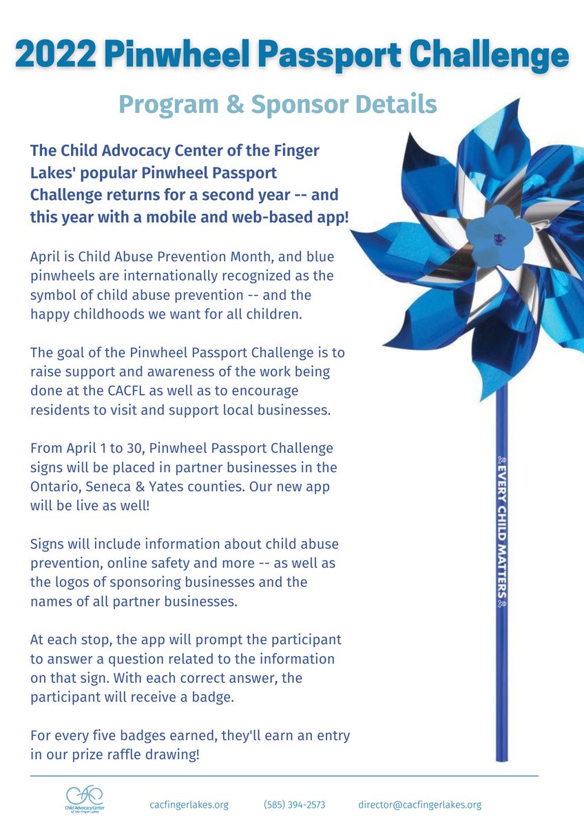 cacfingerlakes's tweet photo. Attn local businesses: Are you looking for a FREE way to support a non-profit AND get more customers inside your doors?
Check out our upcoming Pinwheel Passport Challenge!
Email director@cacfingerlakes.org for details.
#cacfl #supportlocal #smallbusiness #flx https://t.co/0463T7TqjU