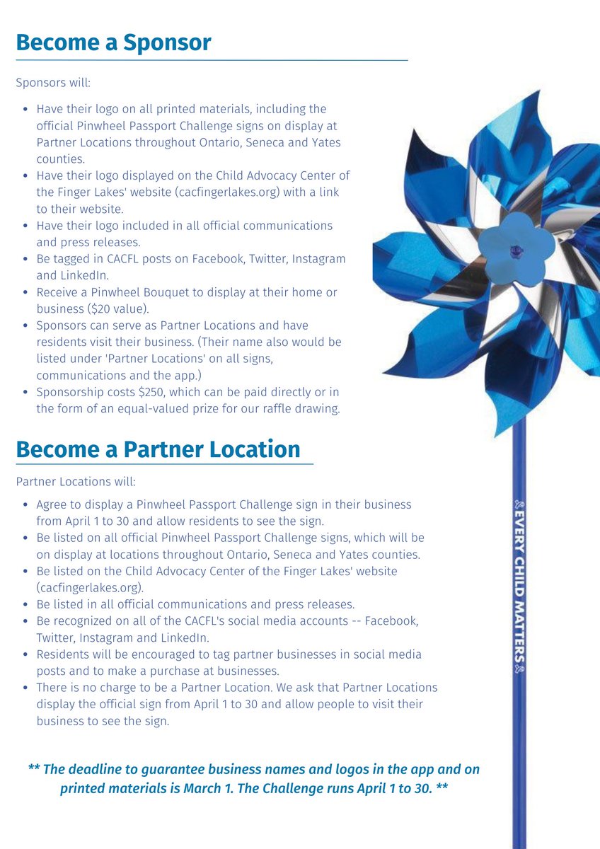 cacfingerlakes's tweet photo. Attn local businesses: Are you looking for a FREE way to support a non-profit AND get more customers inside your doors?
Check out our upcoming Pinwheel Passport Challenge!
Email director@cacfingerlakes.org for details.
#cacfl #supportlocal #smallbusiness #flx https://t.co/0463T7TqjU