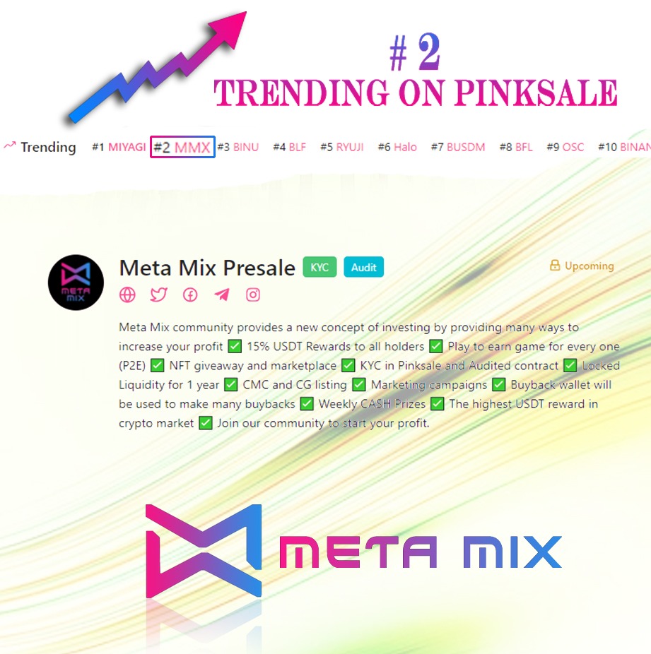 MetaMix_MMX's tweet photo. Meta Mix trending in pinksale ,, thanks every one who support us
✅ Pinksale presale : https://t.co/axVIghjfBE
✅ Telegram : https://t.co/S6clmvCqQp
#MetaMix_MMX #BSC #gem #Crypto #BinanceSmartChain #PlayToEarn #WHITELISTING #NFT #Cryptocurrency #P2E #bscgems #BEP20 #NFTGiveaway https://t.co/FP1fvxYiy2