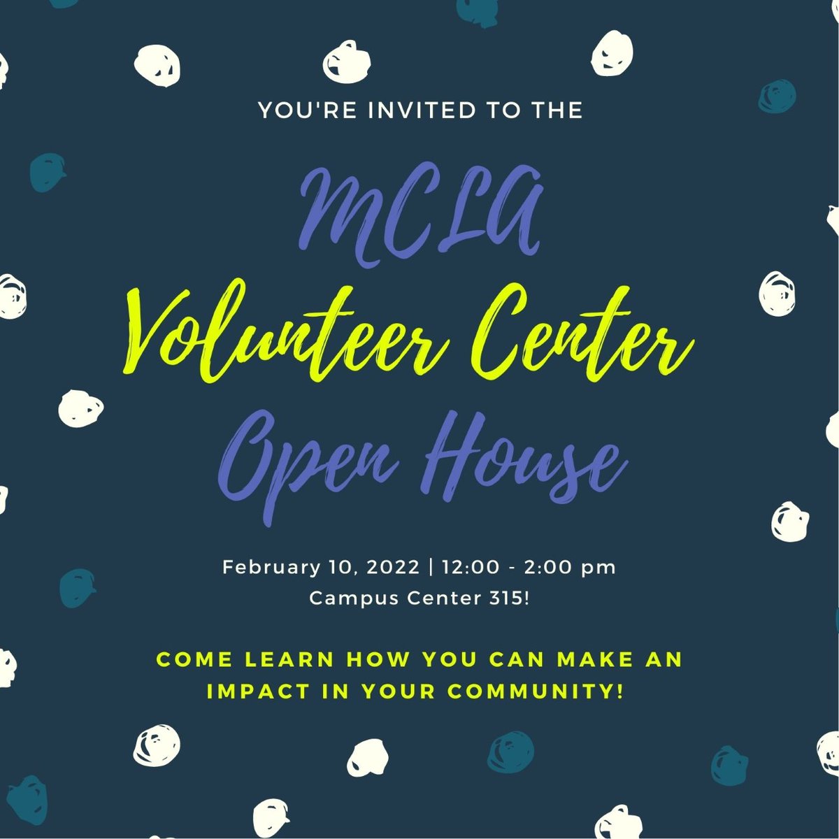 MCLAservice's tweet photo. Come learn about the many ways you can make a difference in your community! Stop by the Volunteer Center Open House (Campus Center 315) anytime tomorrow from 12:00 pm to 2:00 pm to learn more! Can't make it? Reach out to volunteercenter@mcla.edu for more info. https://t.co/TKNePEcjRP