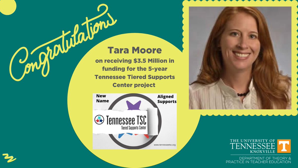 UTKTeacherEd's tweet photo. Congrats to Tara Moore, special ed assoc prof, on receiving $3.5 Million for the 5-yr @tennesseetsc project. Funded by @TNedu, it is a subcontract w/@VanderbiltU & a partnership w/@UofMemphis https://t.co/Obp9TGrZTj #tennesseetsc #utktpte #utkcehhs #utknoxville #RTI2A #RTI2B https://t.co/0v4GAYhDCQ