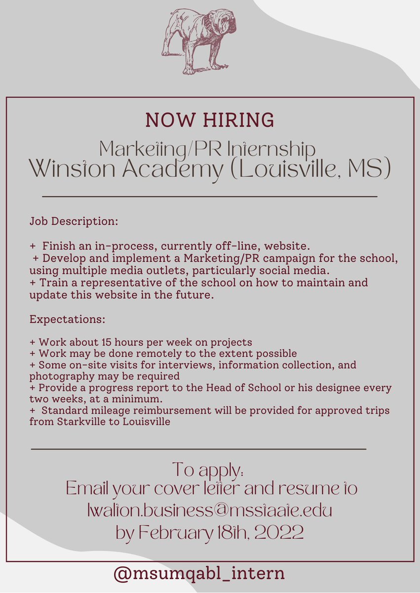 Winston Academy in Louisville, MS is looking for a Marketing/PR intern! This position consists of developing their social media + website!

To apply, email lwalton.business@msstate.edu with your resume and cover letter! Apply by 2/18/22!