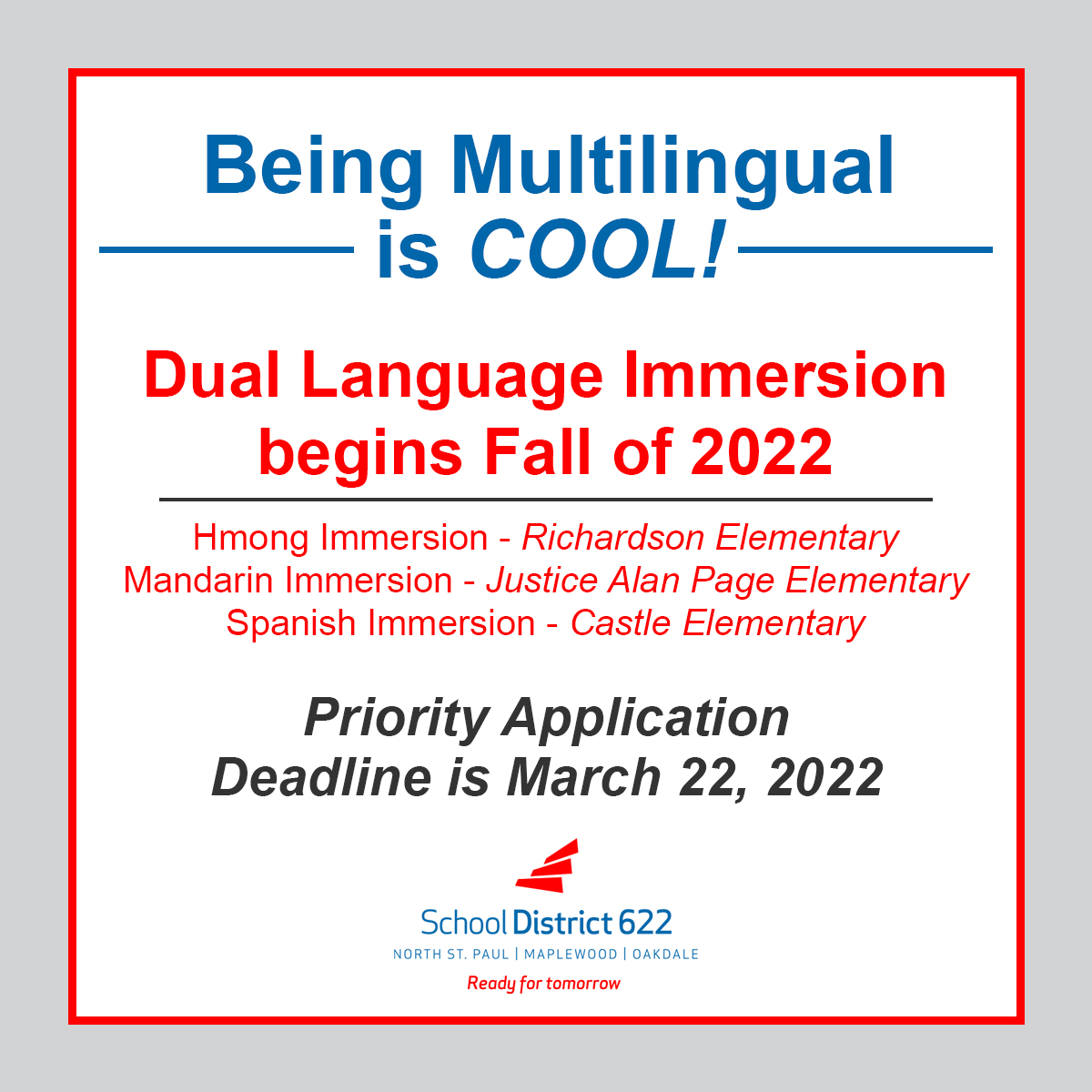 isd622's tweet photo. Help your Kindergartener become a part of a Multilingual Community! 
Dual Language Immersion starts in Kindergarten in fall 2022. https://t.co/khcJOLvr5V