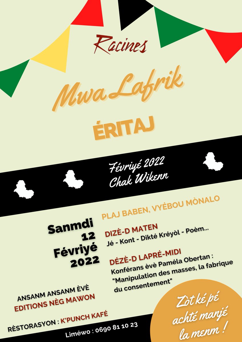 Ass_Racines's tweet photo. Nou ka vwè sanmdi !
#MwaLafrik2022 https://t.co/TS1hNzWYbC