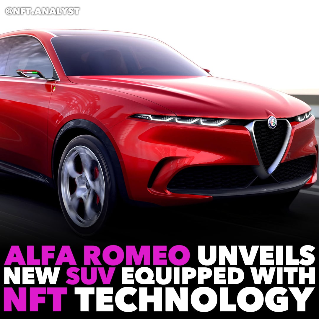 Rarityanalyst's tweet photo. Alfa Romeo’s new subcompact Tonale SUV will include a NFT and blockchain technology, the company said Tuesday. The company said the NFT will record vehicle data, generating a certificate that can be used to assure the car has been properly maintained! (via CNBC) #NFTCommumity https://t.co/87wLrzMG8Q