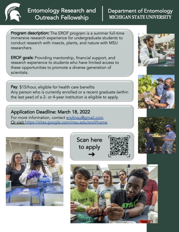 EROF is taking Summer 2022 applications NOW!😄Please help us spread the word about this summer research opportunity for undergrads who are interested in experiencing a mentored research experience in entomology <a href="/MSUEntomology/">MSU Entomology</a>  🦋🐝🐞
