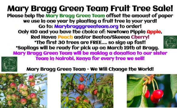 Mary Bragg Green Team is holding a fruit tree sale! 🍎 

Order a tree for only $10 and help offset the amount of paper we use. 

Visit marybragggreenteam.org to learn more!