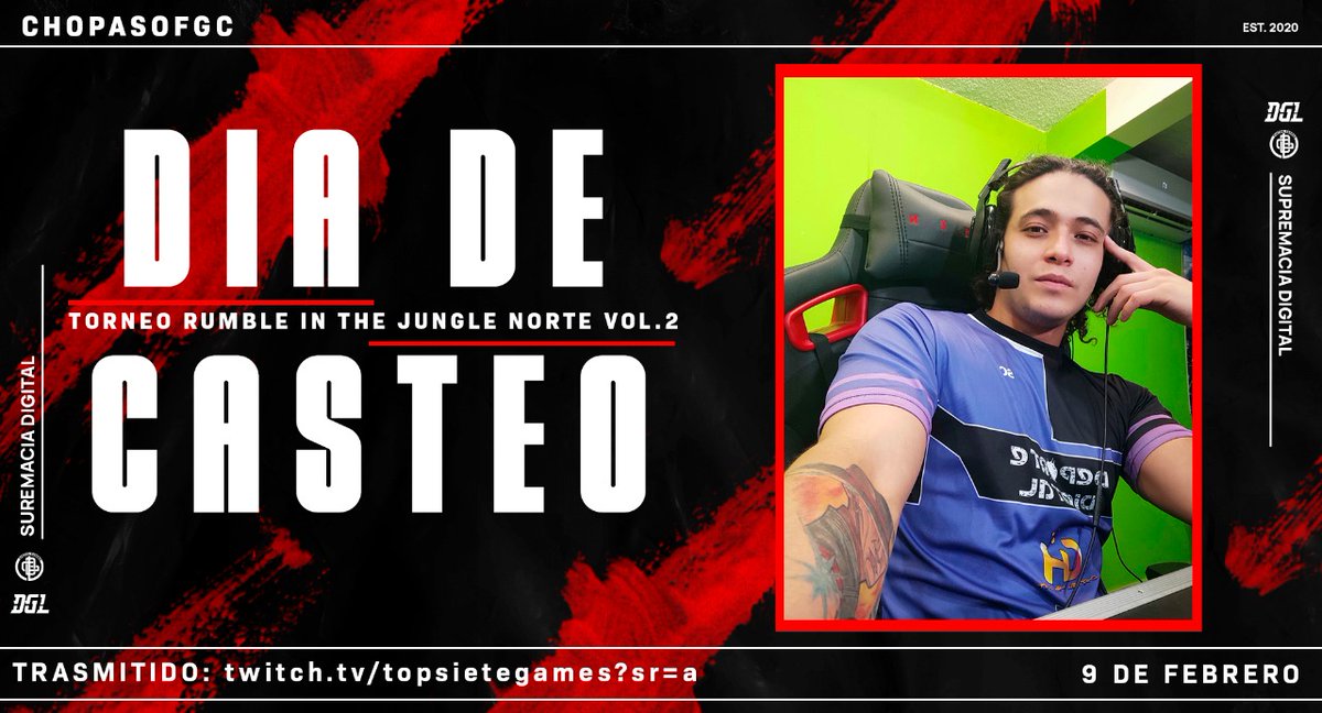 Día de Casteo 🎤🎤❤️

El día de hoy nuestro querido <a href="/ChopasoFGC/">Chopis 🎙️</a> estará casteando el torneo "Rumble in the jungle Norte VOL. 2" organizado por los chicos de <a href="/topsietegames/">TopSieteGames 🌎🎮</a> ❤️🤟
No duden en darse una vuelta a las 6 PM ❤️⌚

 📺: twitch.tv/topsietegames?…

#NacionDigital ❤️🏴🏴