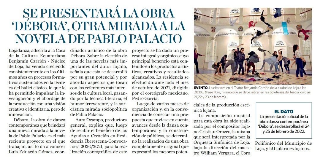LojadanzaE's tweet photo. 🤗 Gracias a @lojalahora 🗞️ por su espacio para la difusión de #Débora 💃 Otra mirada a la novela de #PabloPalacio 📖🖋️ Conoce más de la obra de danza contemporánea que se estrenará en #Febrero 🗓️ aquí 👇🏿
.
#danzacontemporanea #Loja #cultura #Lojadanza https://t.co/q2XS5XufWx