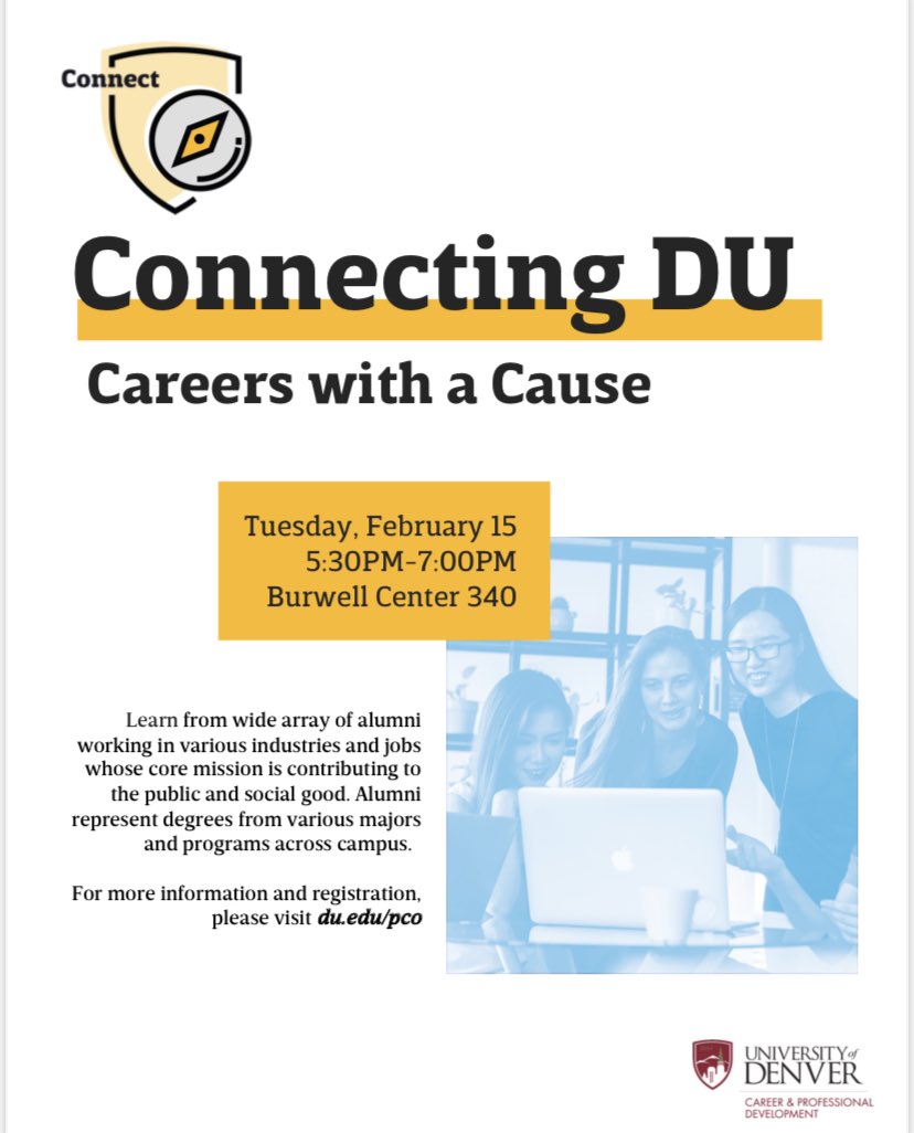 Connecting DU is back in person!!🥳 

Connect and learn from a wide array of alumni working in various industries and jobs whose core mission is contributing to the public and social good!
For more information/registration visit: du.edu/pco #connectingdu