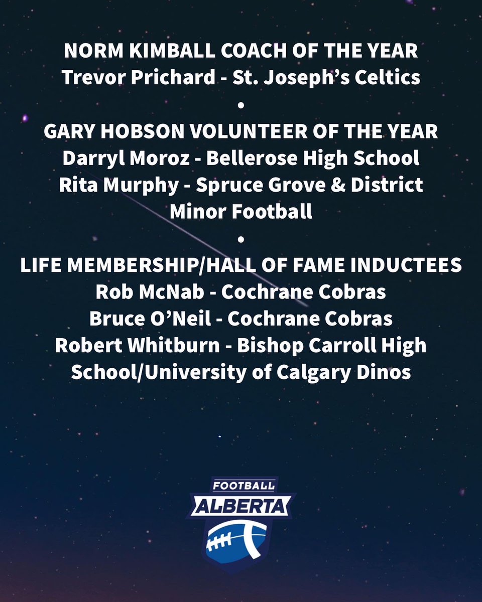 FootballAlberta's tweet photo. Congratulations to all winners and Hall of Fame inductees! Thank you for the nominations and to all coaches and volunteers - thank you for all the work you put into our players.
🏈🏈
#football #footballalta #footballalberta #coaching #volunteers #officials #awards #awards2021 https://t.co/n0pAbNBEz0