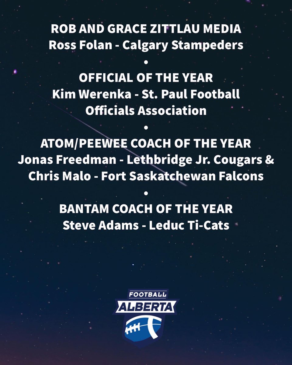 FootballAlberta's tweet photo. Congratulations to all winners and Hall of Fame inductees! Thank you for the nominations and to all coaches and volunteers - thank you for all the work you put into our players.
🏈🏈
#football #footballalta #footballalberta #coaching #volunteers #officials #awards #awards2021 https://t.co/n0pAbNBEz0