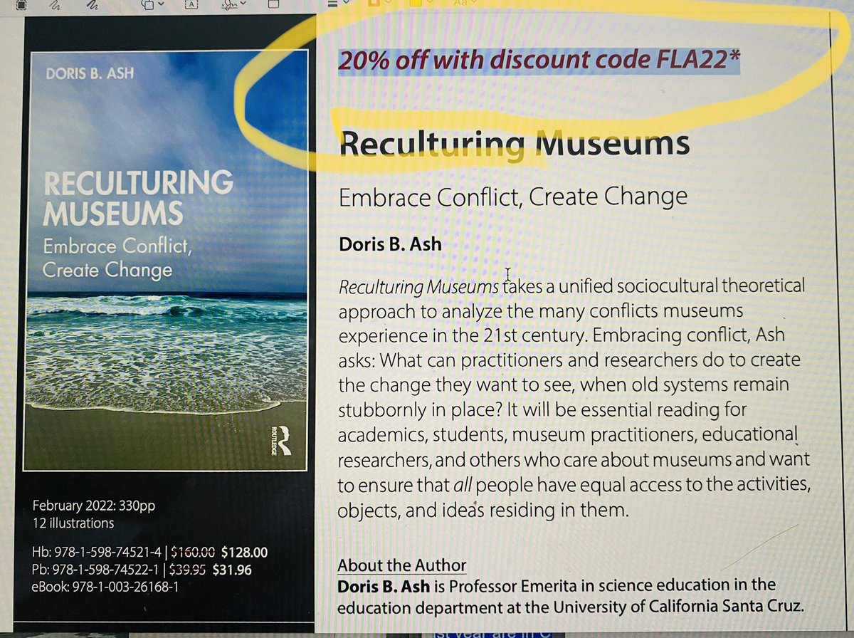 dorisbash's tweet photo. I’m happy to share my new book Reculturing Museums: Embrace conflict, create change. The flyer below describes it a bit…and offers a 20% discount code FLA22* https://t.co/PoLb5KD4yE