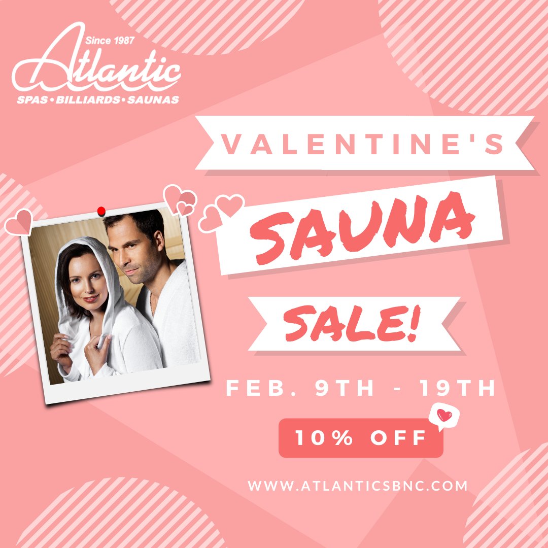 atlanticspas's tweet photo. Take advantage of this awesome Valentine's Sauna Sale for 10% off on in stock models! Happening now until the 19th ❤. 

Ask us about it
Raleigh: 919-783-7447
Wilmington: 910-799-9233

See information about sales early by signing up at:
🌐https://t.co/9a4DO4TL4o

#RaleighBusiness https://t.co/dhhEevi9x9
