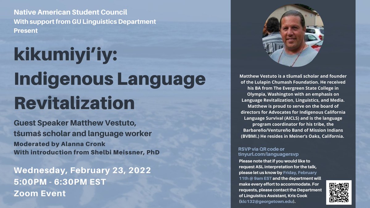GeorgetownCISA's tweet image. Join us via Zoom on Wednesday, February 23 to listen to guest speaker Matthew Vestuto talk about Indigenous Language Revitalization. ALL are welcome to attend, you do not need to be GU affiliated. RSVP link in bio. Please share!