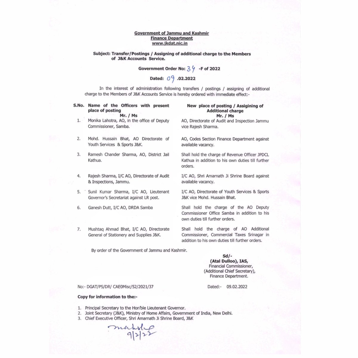 JAKFAS_'s tweet photo. Finance Department/DGAT orders transfers,postings &amp; assigning of additional charge to 7 Accounts officers.
We wish dem d best for deir new roles &amp; challenges
@dcofficesamba @diosamba1 @anuradhagupta_ @JPDCLofficial @ChiefJammu @OfficeOfLGJandK @JKSportsCouncil @ShriSasb @dgyssjk https://t.co/IRwP9HZfd1