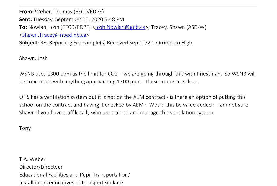 feltford's tweet photo. What about my child's right to clean air as defined in the legislation? Instead of protecting her right to a safe school when they learned the schools were far in excess of the regulations they pressured @WorkSafeNB to increase their CO2ppm from 1300 to 1500 -- but there's more - https://t.co/7uSs1n2cHv