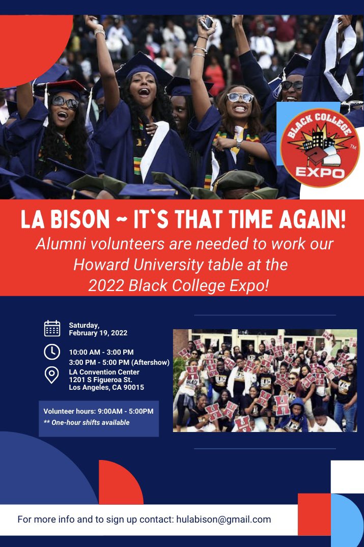LABison1964's tweet photo. Calling all LA Bison!!! The 23rd Annual Black College Expo is approaching and you already know the real HU will be there to represent.  If you are interested in volunteering, please email hulabison@gmail.com for more information. https://t.co/Vxnj7mObFt
