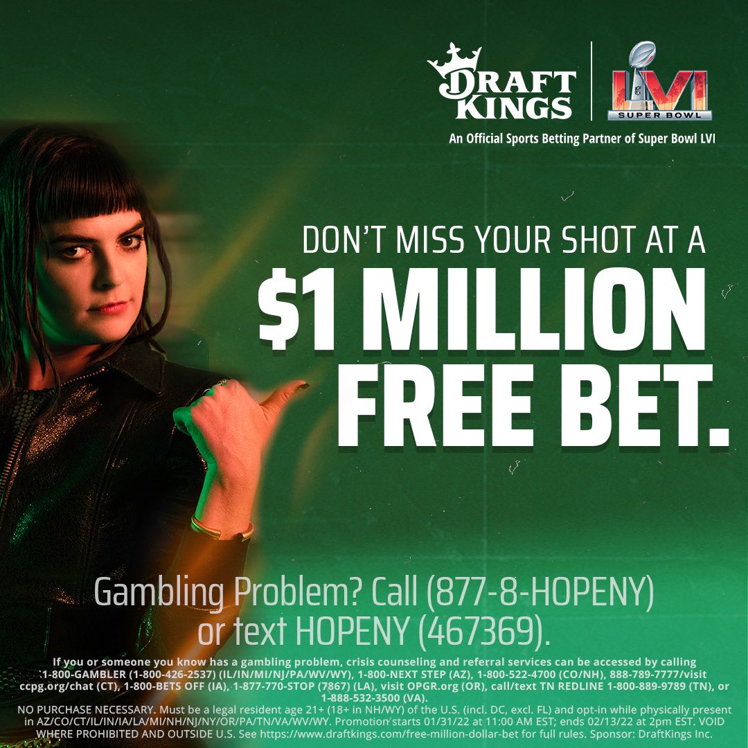 HelenRLittle's tweet photo. DraftKings is giving away up to $10 Million in free bets during Super Bowl LVI, including up to five $1 Million free bets! Open or download the #DKSportsbook app now to opt in for your shot. https://t.co/hBQ1ksuDMQ  #SBLVI #FortuneAwaits #ad https://t.co/I4tbSLBMJ5