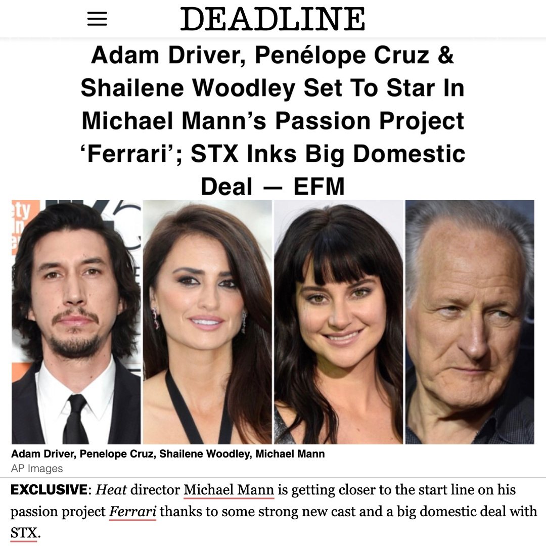 STXfilms's tweet photo. Fire up your engines. We’re excited to announce FERRARI directed by the legendary Michael Mann starring Adam Driver, Penelope Cruz and Shailene Woodley. The Enzo Ferrari biopic begins principal photography in Italy this Spring. #STXfilms https://t.co/5bfyjiKYWd