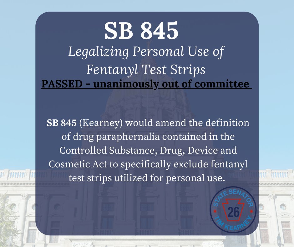 SenTimKearney's tweet photo. Today, #SB845 passed unanimously out of the Senate Judiciary Committee, bringing PA one step closer to legalizing fentanyl test strips and helping to advert thousands of deaths caused by drug overdose. These strips are inexpensive and an evidence-based way of saving lives. https://t.co/MiaMWrnokZ