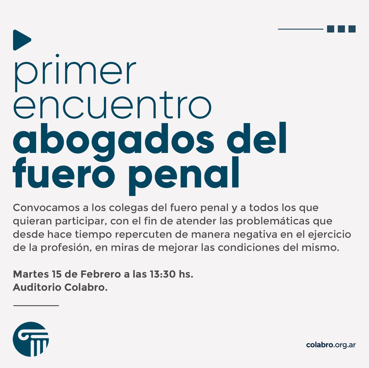 colabroorgar's tweet photo. Los esperamos a todos el próximo Martes 15 de Febrero a las 13:30 hs en el primer encuentro de abogados del fuero penal 🤝 
-
Atenderemos las problemáticas que existen en el ejercicio de nuestra profesión con el objetivo de mejorar las condiciones del mismo 👏 https://t.co/VbCMxoMbeG